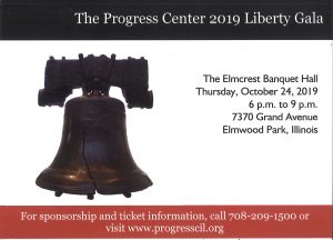 Image of a Liberty Bell on a white background and black text on white background with information about the Progress Center Liberty Gala
