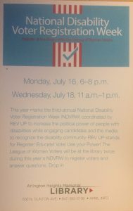 Flyer with information about voter registration event at Arlington Heights Library