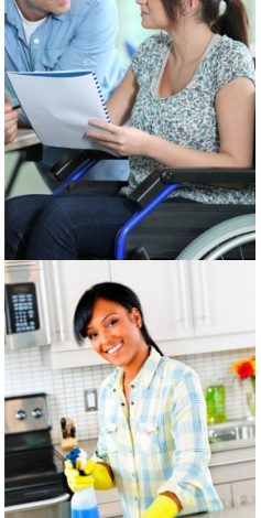 image of two people interacting, one in a wheelchair and one leaning down toward the wheelchair user. Person is wheelchair holding paper. Second image of person cleaning kitchen counter top.