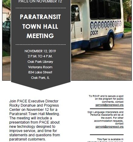 image with information about the town hall meeting on November and an image of a white pace bus with blue logo and blue lettering