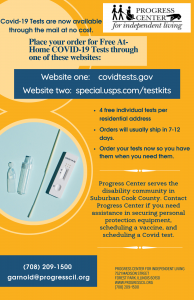 This is a flyer with information about how to order free In-Home Covid-19 tests. The flyer includes two images and text. The flyer includes two website for Covid-19 test orders: covidtests.gov and special.usps.com/testkits