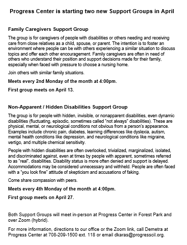 New Support Groups at Progress Center