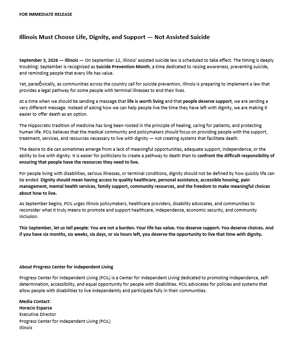 Press Release on Physician Assisted Suicide in Illinois